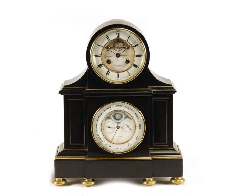 A 19TH CENTURY FRENCH BLACK SLATE PANELLED MANTEL CLOCK WITH PERPETUAL CALENDAR WORK the case with arch top and panelled fron