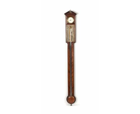 WATKINS, (WILLIAM) ST. JAMES STREET, LONDON. A GOOD GEORGE III EBONY AND BOXWOOD STRUNG FEATHERED MAHOGANY STICK BAROMETER/TH