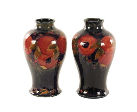 A VERY LARGE PAIR 1930's/40's WILLIAM MOORCROFT INVERTED BALUSTER VASES tube lined and decorated in the pomegranate pattern o