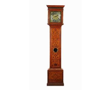 FRA. REDSTALL, OVERTON. AN 18TH-CENTURY WALNUT AND ARABESQUE MARQUETRY EIGHT-DAY LONGCASE CLOCK the hood with projecting moul