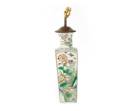 AN EARLY 20TH CENTURY CHINESE FAMILLE VERTE TABLE LAMP of shouldered tapering square form with circular flared neck, painted 