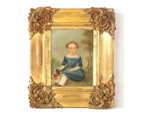 A LATE 19TH CENTURY OIL ON BOARD PORTRAIT OF A SEATED GIRL with dog in a country landscape - mounted in a gilt-swept frame25c