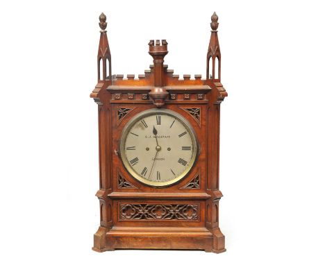 G.J. WAGSTAFF, LONDON. A 19TH CENTURY WALNUT DOUBLE FUSEE BRACKET CLOCK the gothic case with carved panels and canted columns