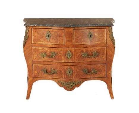 AN 18TH CENTURY FRENCH KINGWOOD AND MARQUETRY BOMBE SHAPED INLAID COMMODE with grey veined marble serpentine shaped top above