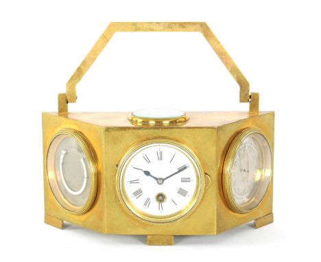 A LATE 19TH CENTURY BRASS CASED DESK CLOCK COMPENDIUM the angled case surmounted by a hinged handle and silvered compass abov