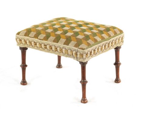 A SMALL GEORGE II MAHOGANY FOOT STOOL with an upholstered tapestry top; raised on ring-turned legs.28cm wide 25cm deep 20cm h