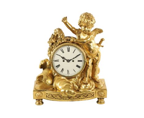 AN ENGLISH REGENCY ORMOLU DOUBLE FUSEE FIGURAL MANTEL CLOCK the case with Cupid standing on clouds next to rose garland, helm