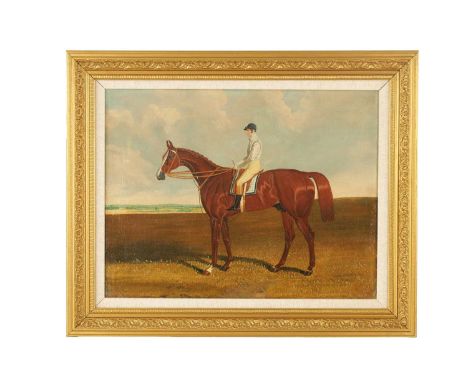 AFTER HERRING A 19TH CENTURY OIL ON CANVAS equestrian portrait of Harkaway with Jockie up - in gilt leaf work frame.32.5cm hi