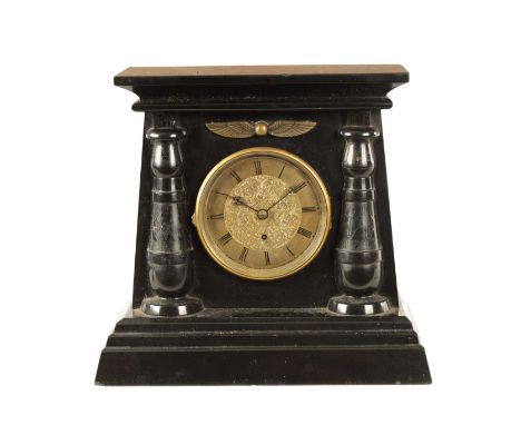 AN ENGLISH REGENCY EGYPTIAN REVIVAL FUSEE MANTEL CLOCK the black marble case having a moulded top above turned columns with r