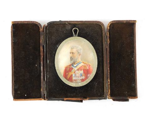 AN EARLY VICTORIAN MINIATURE OIL ON IVORY BUST PORTRAIT of 'COLONEL TREVENEN JAMES HOLLAND' mounted in an oval planished fram