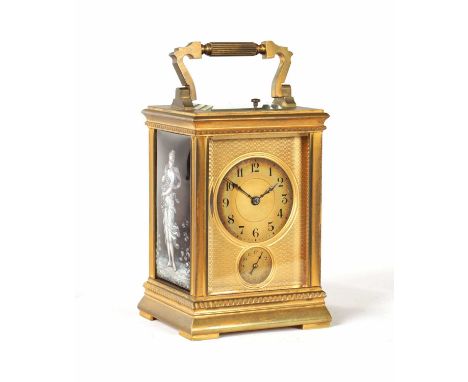 A LATE 19TH CENTURY FRENCH GILT BRASS LIMOGES ENAMEL REPEATING CARRIAGE CLOCK the moulded case inset with Limoges enamel side