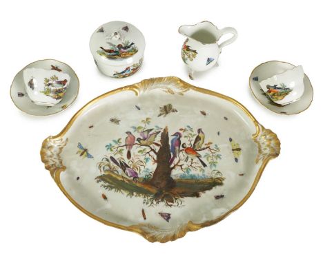 AN 18TH CENTURY MEISSEN SEVEN-PIECE TETE-A-TETE SET comprising of a two-handled gilt-edged relief moulded oval tray, pair of 