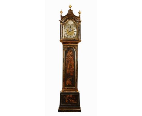 WILLIAM RAY SUDBURY. A MID 18TH CENTURY BLACK LACQUER AND CHINOISERIE DECORATED EIGHT DAY LONGCASE CLOCK the arched top hood 