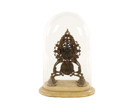 A 19TH CENTURY ENGLISH FUSEE SKELETON CLOCK with a pierced brass frame and silvered chapter ring fronting a chain-driven eigh