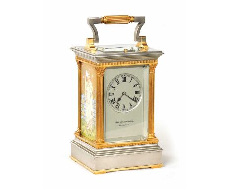 A LATE 19TH CENTURY FRENCH PORCELAIN PANELLED REPEATING CARRIAGE CLOCK the gilt and silvered case having reeded Corinthian co