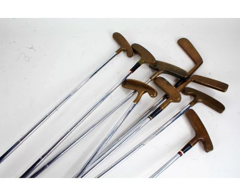 Collection of eleven brass head putters, to include Golden Goose by John Letters, Golden Eagle by J.H. Busson, Sam Snead by W