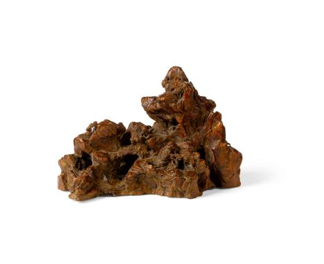  CHENXIANGMU 'LITERATI' BOULDER QING DYNASTY, 18TH CENTURY 清 沉香木雕山水高士山子worked from a piece of wood into a mountainous landsca