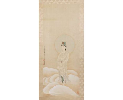  LI FENGGONG (1884-1967) INK PAINTING OF GUANYIN, DATED 1938AD 李鳳公（1884-1967） 觀音圖 絹本設色 立軸題識: 俊齋居士供養戊寅十月李鳳公熏沐敬寫鈐印: 易畫室主、鳳公五十以後