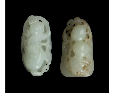  TWO WHITE JADE PENDANTS QING DYNASTY, 19TH CENTURY 清 白玉雕吊墜（共兩件）one carved with a boy recumbent on a large lotus leaf, the ot