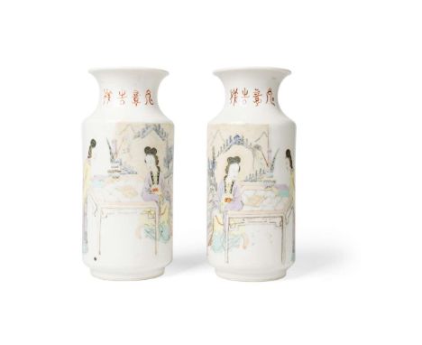  PAIR OF FAMILLE ROSE 'LADIES' VASES QING DYNASTY, 19TH CENTURY 清 道光底款 汪佩璋款 粉彩仕女圖瓶（共兩件）each painted on the straight side with