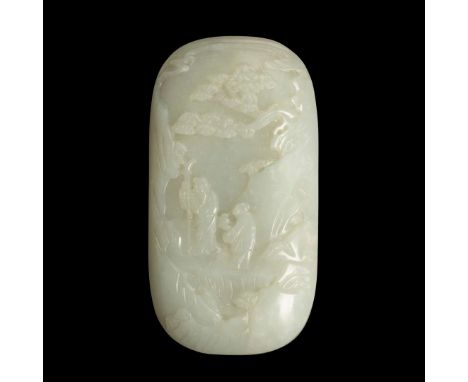  PALE CELADON CARVED 'IMMORTAL' OVAL JADE PLAQUE QING DYNASTY, 18TH-19TH CENTURY 清 青白玉雕仙人橢圓形嵌飾carved on one side of the domed