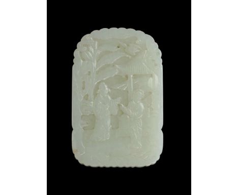  CARVED AND INSCRIBED WHITE JADE PLAQUE QING DYNASTY, 19TH CENTURY 清 白玉雕詩文人物玉牌carved on one side with a couple meeting in a g