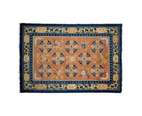  NINGXIA RUG QING DYNASTY, 19TH CENTURY 清 寧夏團花紋毯an arrangement of eight floral roundels intermittent with butterflies, flower