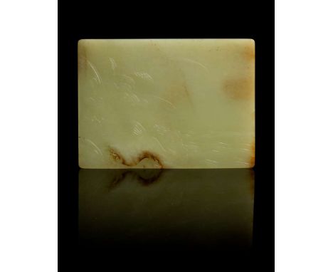  YELLOW JADE INSCRIBED 'CRAB AND GRAIN' PLAQUE QING DYNASTY OR LATER 清或以後 黃玉雕荷塘蟹圖御製詩玉片carved on one side with reed growing ou