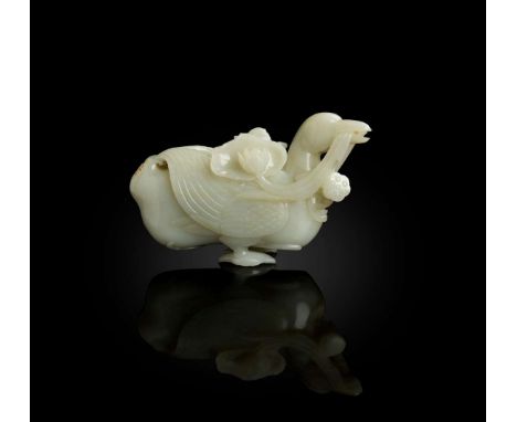  LARGE PALE CELADON JADE CARVING OF A DUCK QING DYNASTY, 18TH CENTURY 清 青白玉雕鴨銜蓮花大擺件naturalistically carved in the form of a s