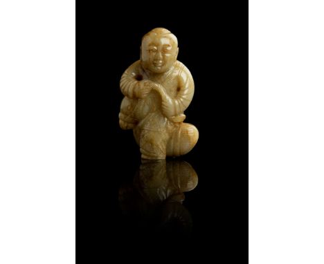  CELADON JADE WITH RUSSET INCLUSION CARVING OF A BOY RIDING PONY QING DYNASTY OR LATER 清或以後 青玉帶沁雕童子騎馬把件carved in round with a