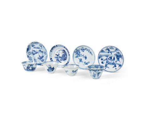  SET OF FOUR BLUE AND WHITE SAUCERS AND CUPS QING DYNASTY, KANGXI PERIOD 清康熙 青花人物花鳥杯盤（四組八件）each set finely painted with match