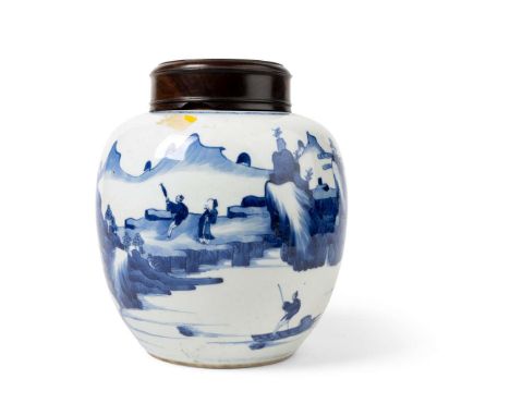 BLUE AND WHITE 'LANDSCAPE' GINGER JAR QING DYNASTY, KANGXI PERIOD 清康熙 青花山水人物紋罐 帶木蓋of ovoid form, painted around the body wit