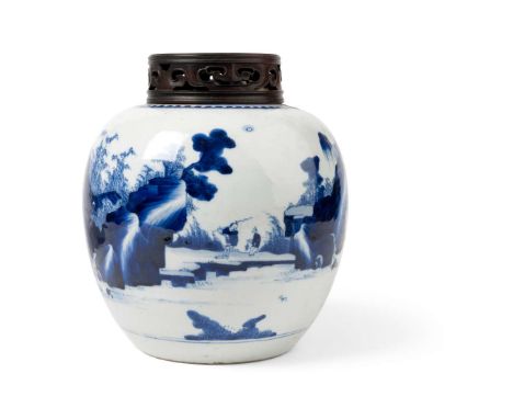  BLUE AND WHITE 'FISHER' GINGER JAR QING DYNASTY, KANGXI PERIOD 清康熙 青花漁人紋罐 帶木蓋of ovoid form, painted with a figure carrying f