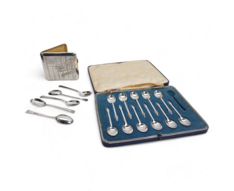 Silver engine turned cigarette case engraved with initials Birmingham 1922, eleven silver coffee spoons, cased and five silve