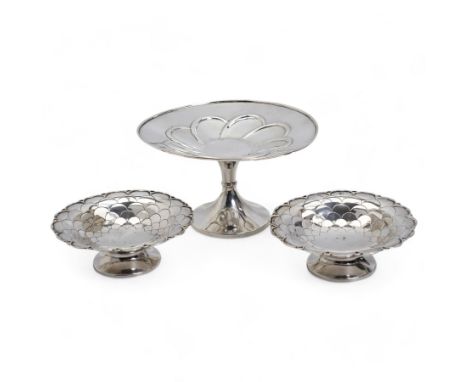 Pair of silver circular sweetmeat dishes with scaled ground on short pedestal foot D12cm Sheffield 1935, Maker Mappin & Webb 