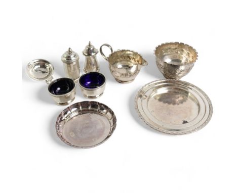 Late Victorian silver sugar bowl and matching cream jug with crimped rims Birmingham 1900, silver three piece condiment set, 