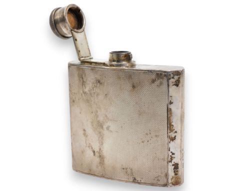 Engine turned silver spirit hip flask of concave outline 3/4 gill 9cm x 8cm  Birmingham 1934 Maker Henry Clifford Davis retai