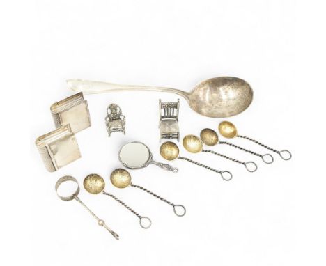 Set of six salt spoons, the bowls formed from Leopold I coins, two silver miniature 'toy' chairs, two small silver boxes, Ste