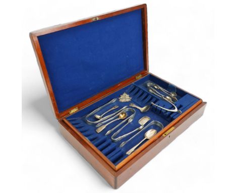 Three pairs of early 19th century engraved silver sugar tongs, three later pairs,  pair of silver wishbone nips, William IV c