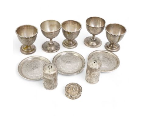 Middle Eastern items comprising five egg cups, pair of pepperettes and four small saucers and a 925 silver pill boxCondition 