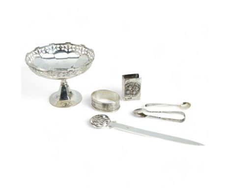 Small silver comport with inscription D10cm, 800 standard silver paper knife with pierced finial, silver matchbox holder, sil