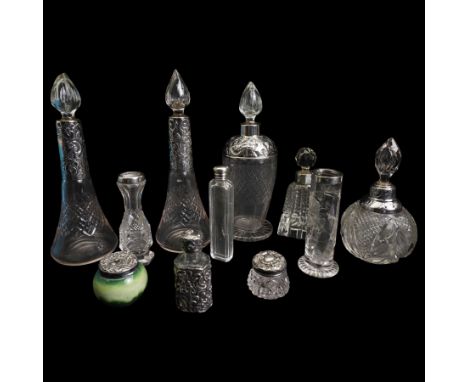 Pair of silver mounted glass scent flasks H20cm London 1916 Maker J H Worrall, Son & Co Ltd, , another matching of tapering f