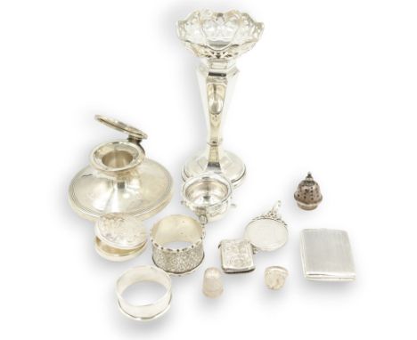 Group of silver including George V silver capstan inkwell, hallmarked Walker & Hall Sheffield 1929, silver trumpet vase with 