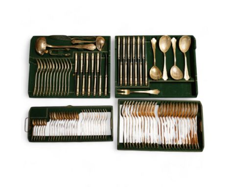 Suite of Austrian 800 standard silver cutlery with scroll pattern finials comprising twelve table forks, thirteen dessert spo