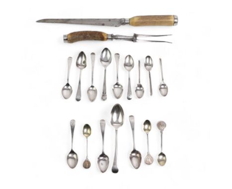 Four George III silver tea spoons London 1798, various other spoons and a carving knife and fork with silver mountsCondition 