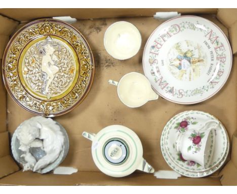 A Mixed Collection of Ceramic Items to include Lladro Cat and Kittens, Two German Majolica Plates, Royal Venton Art Deco Tea 