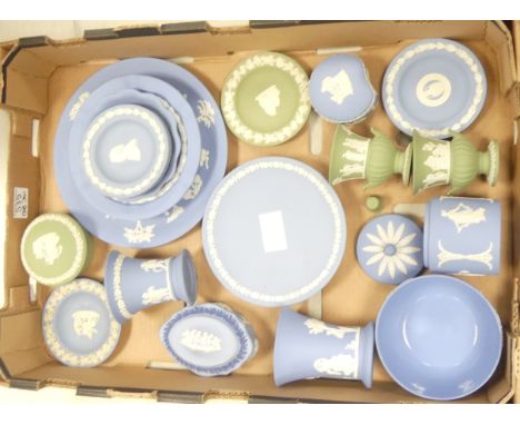 Wedgwood Jasperware To Include Powder Blue Vases, Trinket Boxes, Various Sized Plates, Pin Trays, Sage Green Footed Urn Vases