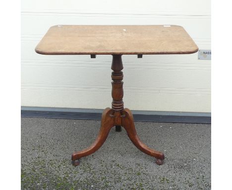 Victorian Tilt Top Table, turned central column support on tripod legs. Brass button mechanism below. Height: 70cm