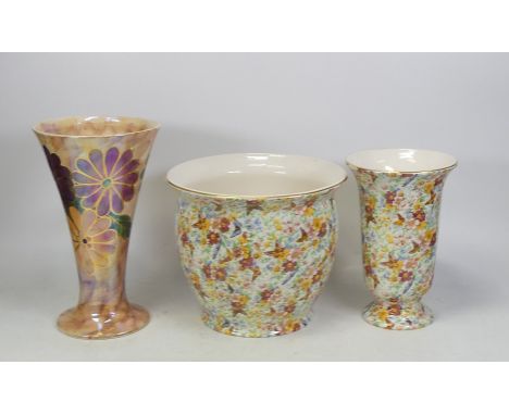Wade Floral/Butterfly Design including a Large Planter 22cm Dia, A Fluted Footed Vase also Oldcourt Hand Painted Lustre Flowe
