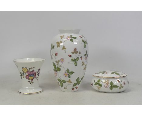 Wedgwood Bone China 'Wild Strawberry' Including Vase H:16cm, Oval Lidded Trinket Dish also A Footed Vase 'Swallow'(3)